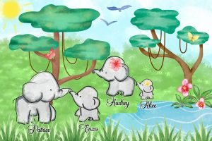 Portrait de Famille – Elephants – Dessin Personnalisé